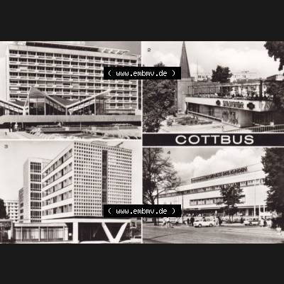 Ansichtskarte DDR Bezirk Cottbus, Kreis Cottbus, Stadt Cottbus: Milch-Mocca-Bar Casmos, HO-Gaststätte Am Stadttor, Hotel Lausitz (1) Sammlung