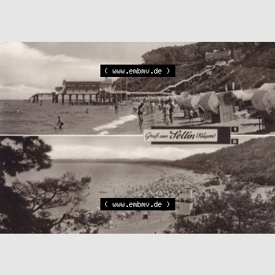 Ansichtskarte DDR Bezirk Rostock, Kreis Rügen, Ostseebad Sellin: Heldge-Verlag KG, Köthen-Anhalt, Blicj zur Seebrücke, Fischerstrand (1) Sammlung