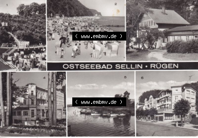 Ansichtskarte DDR Bezirk Rostock, Kreis Rügen, Ostseebad Sellin: Fahrstuhl zum Strand, Krankenhaus, Kurhaus (1) Sammlung