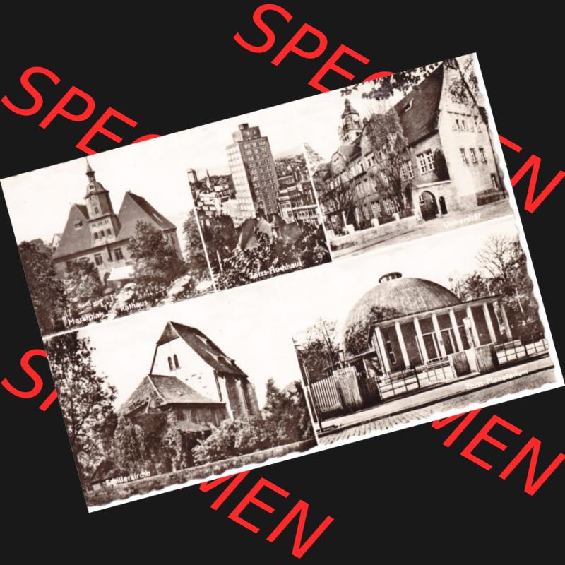 Ansichtskarte DDR Bezirk Gera, Stadtkreis Jena, Stadt Jena: Marktplatz mit Rathaus, Zeiss-Hochhaus, Universität, Zeiss-Planetarium (1) Sammlung