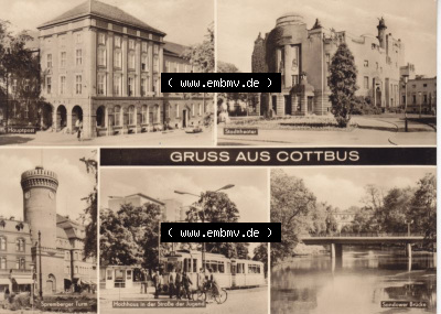 Ansichtskarte DDR Bezirk Cottbus, Kreis Cottbus, Stadt Cottbus: Hauptpost, Stadttheater, Spremberger Turm, Sandower Brücke (1) Sammlung