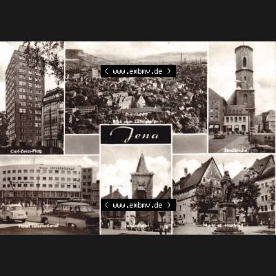 Ansichtskarte DDR Bezirk Gera, Stadtkreis Jena, Stadt Jena: Carl-Zeiss-Platz, Landgrafen, Stadtkirche, Hotel International (1) Sammlung