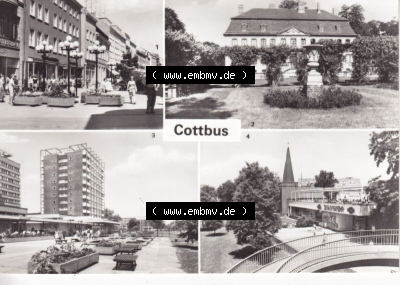 Ansichtskarte DDR Bezirk Cottbus, Kreis Cottbus, Stadt Cottbus: Spremberger Straße, Branitzer Schloß, Zentrum, HO-Gaststätte... Sammlung