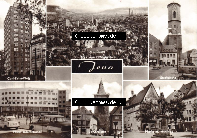 Ansichtskarte DDR Bezirk Gera, Stadtkreis Jena, Stadt Jena: Carl-Zeiss-Platz, Landgrafen, Stadtkirche, Hotel International (1) Sammlung
