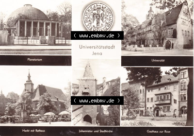 Ansichtskarte DDR Bezirk Gera, Stadtkreis Jena, Stadt Jena: Planetarium, Universität, Markt mit Rathaus Gasthaus zur Rose (1) Sammlung
