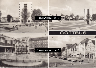 Ansichtskarte DDR Bezirk Cottbus, Kreis Cottbus, Stadt Cottbus: Hochhaus im Stadtzentrum, Milch-Mocca-Bar Casmos, Springbrunnen... Sammlung