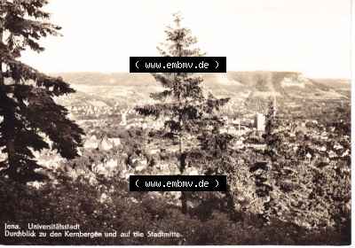 Ansichtskarte DDR Bezirk Gera, Stadtkreis Jena, Stadt Jena: Durchblick zu den Kernbergen und auf Stadtmitte (1) Sammlung