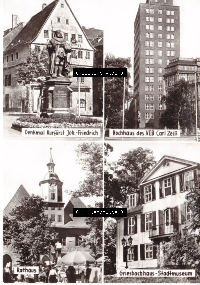 Ansichtskarte DDR Bezirk Gera, Stadtkreis Jena, Stadt Jena: Denkmal Kurfürst Johannes Friedrich, Hochhaus des VEB Carl Zeiß,... Sammlung