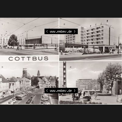 Ansichtskarte DDR Bezirk Cottbus, Kreis Cottbus, Stadt Cottbus: Stadthalle und Hotel Lausitz, Altmarkt, Zentrum (1) Sammlung
