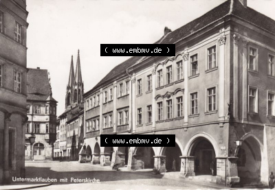 Ansichtskarte DDR Bezirk Dresden, Kreis Görlitz, Stadt Görlitz: 1967, Untermarktlauben mit Peterskirche (1) Sammlung