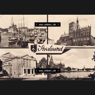 Ansichtskarte DDR Bezirk Rostock, Stadtkreis Stralsund, Hansestadt Stralsund: Mehrbildkarte, Hafen, Rathaus, Theater der Werftstadt, Teich, Heldge-Verlag... Sammlung