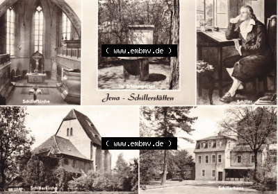 Ansichtskarte DDR Bezirk Gera, Stadtkreis Jena, Stadt Jena: Schillerkirche, Schillergarten, Schiller, Schillerhaus (1) Sammlung