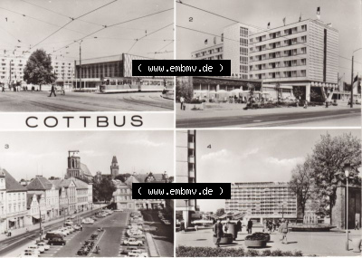 Ansichtskarte DDR Bezirk Cottbus, Kreis Cottbus, Stadt Cottbus: Stadthalle und Hotel Lausitz, Altmarkt, Zentrum (1) Sammlung