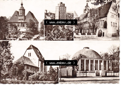 Ansichtskarte DDR Bezirk Gera, Stadtkreis Jena, Stadt Jena: Marktplatz mit Rathaus, Zeiss-Hochhaus, Universität, Zeiss-Planetarium... Sammlung