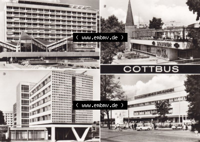 Ansichtskarte DDR Bezirk Cottbus, Kreis Cottbus, Stadt Cottbus: Milch-Mocca-Bar Casmos, HO-Gaststätte Am Stadttor, Hotel Lausitz... Sammlung