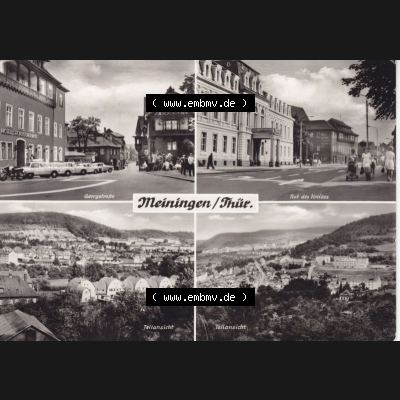 Ansichtskarte DDR Bezirk Suhl, Kreis Meiningen, Stadt Meiningen: 1975, Georgstraße, Rat des Kreises, Teilansichten (1) Sammlung