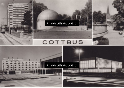 Ansichtskarte DDR Bezirk Cottbus, Kreis Cottbus, Stadt Cottbus: Zentrum, Raumflugplanetarium, HO-Gaststätte Am Stadttor, Hotel... Sammlung