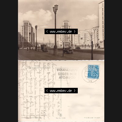 Ansichtskarte Berlin der DDR 1958, Berlin Hochhäuser, Strausberger Platz, Sonderstempel Volkskampf gegen den Atomtod. DDR Postkarte aus privater Sammlung-Konvolut an gelaufenen... Sammlung