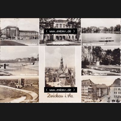 Ansichtskarte Bezirk Karl-Marx-Stadt, Landkreis Zwickau-Land, Stadt Zwickau der DDR Hauptbahnhof, Bergingenieurschule, Blick zum Schwanenschloss. DDR Postkarte aus privater... Sammlung