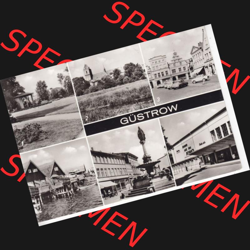 Ansichtskarte Bezirk Bezirk Schwerin, Kreis Güstrow, Stadt-Güstrow 1980, Rosengarten, An der Schanze, Marktplatz, Bootshäuser am Inselsee (1) Sammlung