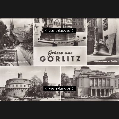 Ansichtskarte DDR Bezirk Dresden, Kreis Görlitz, Stadt Görlitz: In s/w Schwarzweiß Ochsenbastei mit Peterskirche, Neptunbrunnen, Rathaustreppe, Kaisertrutz,... Sammlung