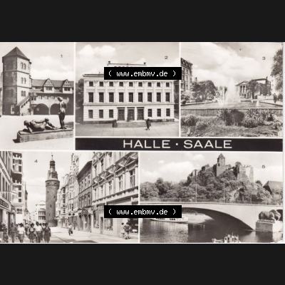 Ansichtskarte DDR Bezirk Halle, Stadtkreis Halle? Unbekannt: In s/w Schwarzweiß Burghof der Moritzburg, Martin-Luther-Universität, Theater des Friedens (1) Sammlung