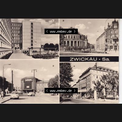 Ansichtskarte Bezirk Karl-Marx-Stadt, Landkreis Zwickau-Land, Stadt Zwickau der DDR Internat, Hauptbahnhof, Milchbar am Schumannplatz, Hotel. DDR Postkarte aus privater... Sammlung