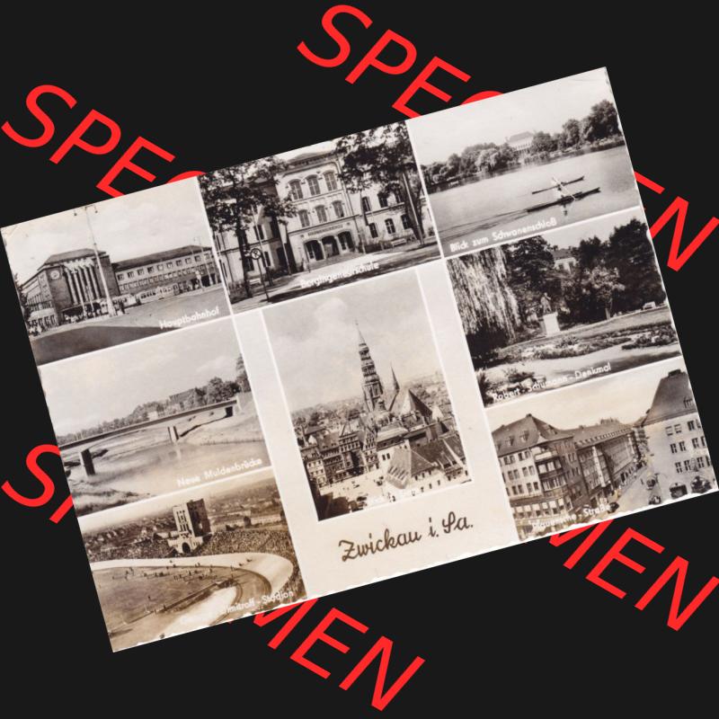 Ansichtskarte Bezirk Karl-Marx-Stadt, Landkreis Zwickau-Land, Stadt Zwickau der DDR Hauptbahnhof, Bergingenieurschule, Blick zum Schwanenschloss. DDR Postkarte aus privater... Sammlung