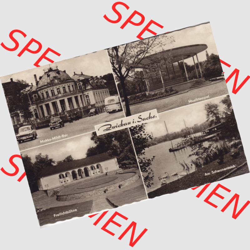 Ansichtskarte Bezirk Karl-Marx-Stadt, Landkreis Zwickau-Land, Stadt Zwickau der DDR Mokka-Milch-Bar, Musiktempel, Freilichtbühne, Am Schwanenteich. DDR Postkarte... Sammlung