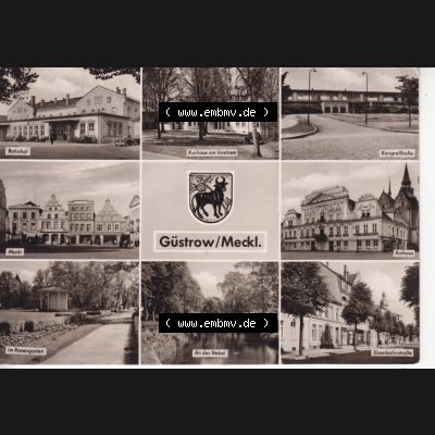 Ansichtskarte Bezirk Bezirk Schwerin, Kreis Güstrow, Stadt-Güstrow Bahnhof, Kurhaus am Inselsee, Kongreßhalle, Markt, Rathaus, Im Rosengarten,... Sammlung