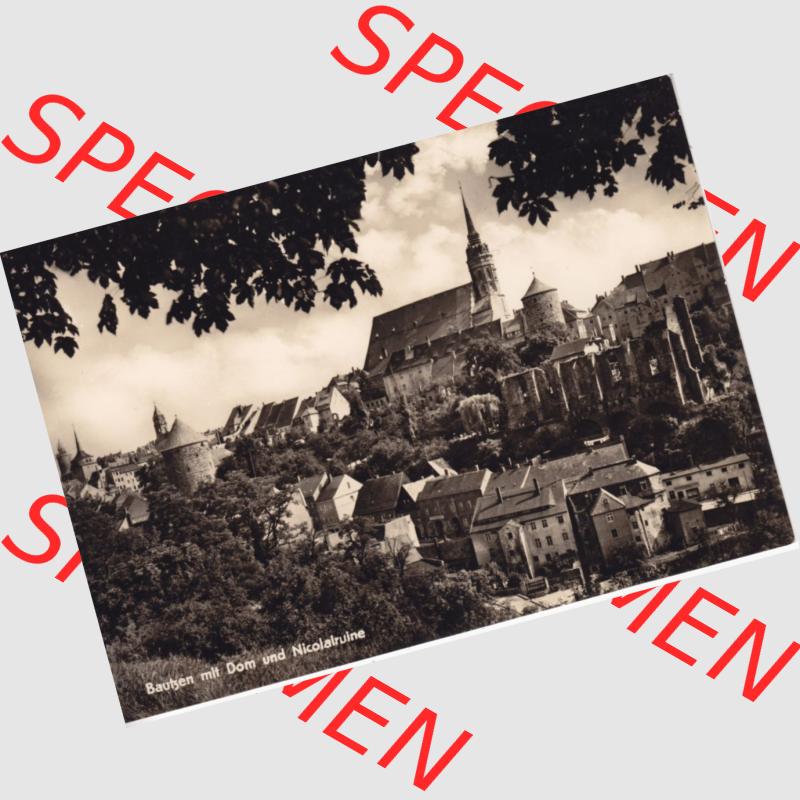 Ansichtskarte DDR Bezirk Dresden, Kreis Bautzen, Stadt Bautzen: In s/w Schwarzweiß Postkarte Bautzen mit Dom und Nicolairunine (1) Sammlung