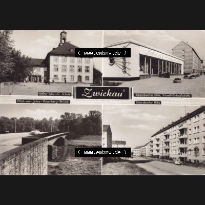 Ansichtskarte Bezirk Karl-Marx-Stadt, Landkreis Zwickau-Land, Stadt Zwickau der DDR Walter-Ulbrich-Schule, Eckersbacher Höhe Schnell-Einkaufsstätte. DDR Postkarte aus... Sammlung