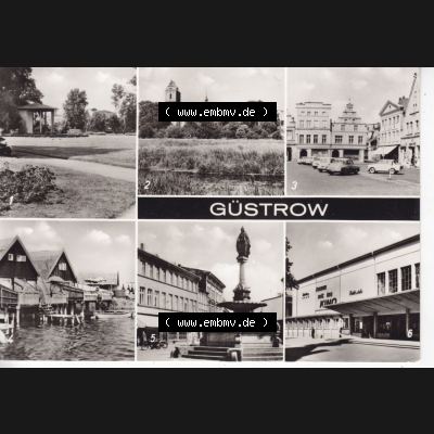 Ansichtskarte Bezirk Bezirk Schwerin, Kreis Güstrow, Stadt-Güstrow 1980, Rosengarten, An der Schanze, Marktplatz, Bootshäuser am Inselsee (1) Sammlung