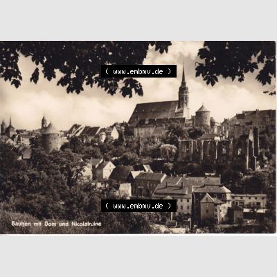 Ansichtskarte DDR Bezirk Dresden, Kreis Bautzen, Stadt Bautzen: In s/w Schwarzweiß Postkarte Bautzen mit Dom und Nicolairunine (1) Sammlung