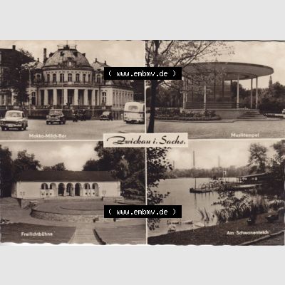 Ansichtskarte Bezirk Karl-Marx-Stadt, Landkreis Zwickau-Land, Stadt Zwickau der DDR Mokka-Milch-Bar, Musiktempel, Freilichtbühne, Am Schwanenteich. DDR Postkarte... Sammlung