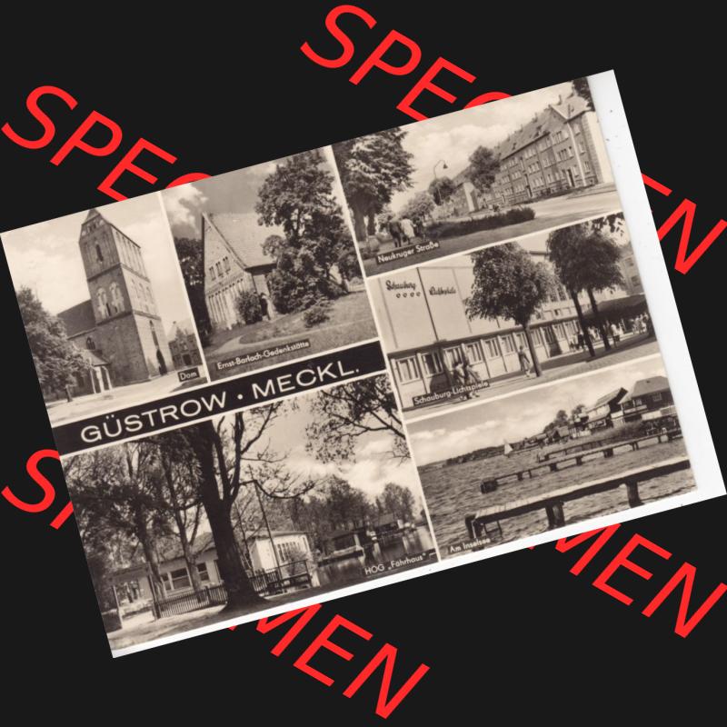 Ansichtskarte Bezirk Bezirk Schwerin, Kreis Güstrow, Stadt-Güstrow Dom, Enst-Barlach--Gedenkstätte, Neukruger Straße, Schauburg-Lichtspiele, HOG-Fährhaus,... Sammlung