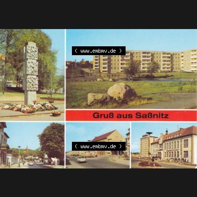Ansichtskarte DDR Bezirk Rostock, Kreis Rügen, Stadt Sassnitz Postkarte in Farbe Stele, Neustadt, Karl-Marx-Straße, Stubnitz-Lichtspiele, Seemannsheim.... Sammlung