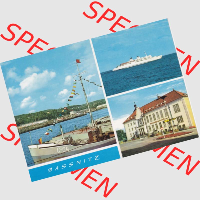 Ansichtskarte DDR Bezirk Rostock, Kreis Rügen, Stadt Sassnitz Postkarte in Farbe Im Hafen Fähre MS Saßnitz, Seemannsheim. Ansichtskarte bzw. Postkarte aus... Sammlung