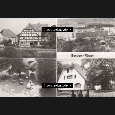 Ansichtskarte DDR Bezirk Rostock, Kreis Rügen, Stadt Bergen auf Rügen Fachwerkhaus am Karl-Marx-Platz, Neubauten in der Südstadt, Rugard-Gaststätte. Ansichtskarte... Sammlung