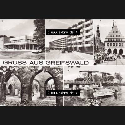 Ansichtskarte DDR Bezirk Rostock, Kreis Greifswald unsortiert HO-Gaststätte Boddenhaus, Rathaus, Klosterruine, Wiecker Brücke. Ansichtskarte bzw. Postkarte... Sammlung