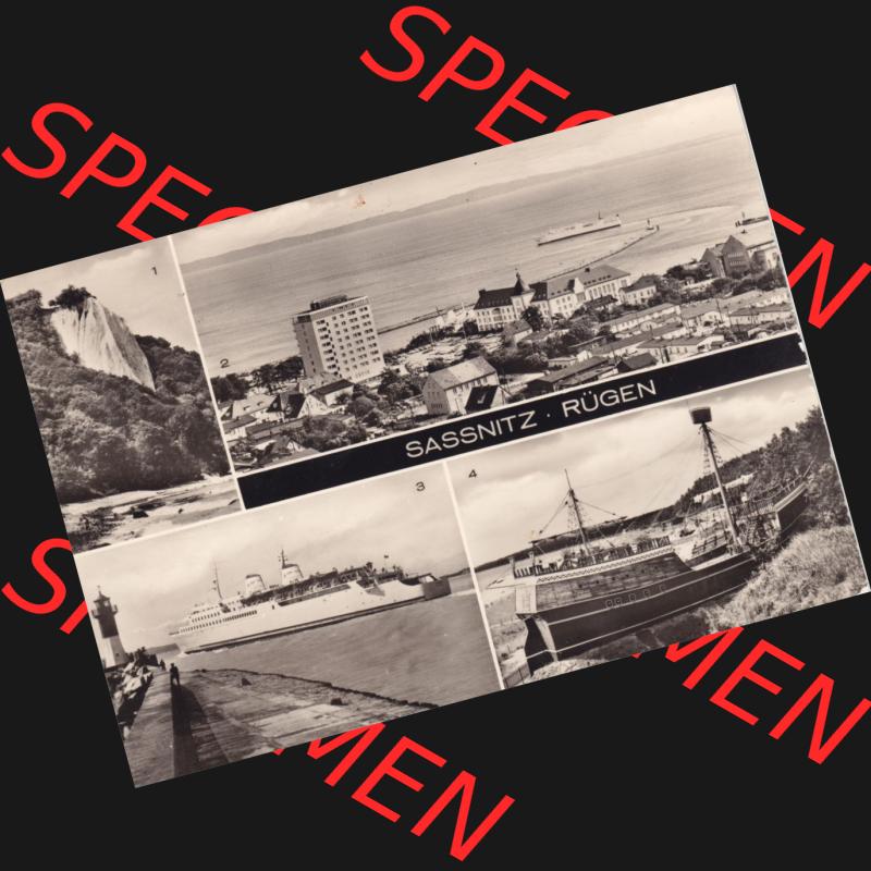 Ansichtskarte DDR Bezirk Rostock, Kreis Rügen, Stadt Sassnitz Insel Rügen, Königsstuhl, Blick zum Fährhafen, Eisenbahnfähre, Piratenschiff.... Sammlung