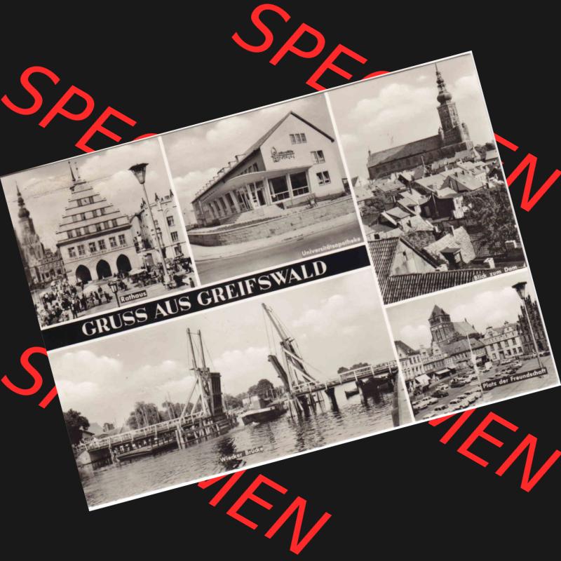 Ansichtskarte DDR Bezirk Rostock, Kreis Greifswald unsortiert Gruss aus Greifswald EVP M -,25 III-18-98 A 1-B 784-74. Ansichtskarte bzw. Postkarte in schwarzweiß - s/w... Sammlung