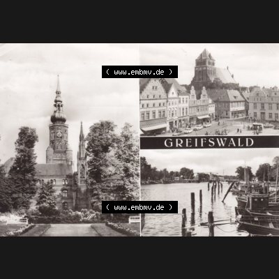 Ansichtskarte DDR Bezirk Rostock, Kreis Greifswald unsortiert Rubenow-Denkmal und St. Nikolaikirche, Markt und Fischereihafen. Ansichtskarte bzw. Postkarte in schwarzweiß... Sammlung