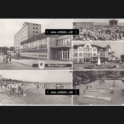 Alte Ansichtskarte DDR Bezirk Rostock, Kreis Rügen, Ostseebad Binz, DDR, Binz auf Rügen, FDGB-Ferienheim Arkona, Strand, Kurhaus, Minigolf.... Sammlung
