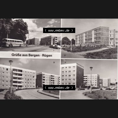 Ansichtskarte DDR Bezirk Rostock, Kreis Rügen, Stadt Bergen auf Rügen Bergen-Süd Omni-Bushaltestelle, Oberschule Werner Seelenbinder. Ansichtskarte bzw. Postkarte... Sammlung