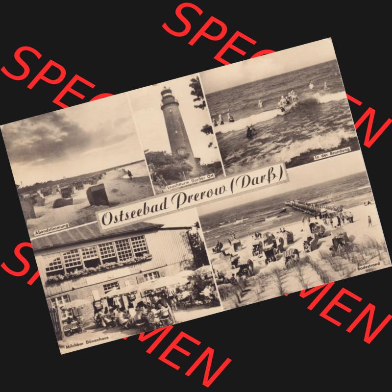 Ansichtskarte DDR Bezirk Rostock, Kreis Ribnitz-Damgarten Ostseebad Prerow Bildpostkarte in s/w - schwarzweiß Abendstimmung, Leuchtturm, Brandung, Milchbar Dünenhaus.... Sammlung