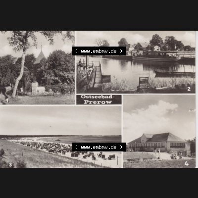 Ansichtskarte DDR Bezirk Rostock, Kreis Ribnitz-Damgarten Ostseebad Prerow Bildpostkarte in s/w - schwarzweiß Ostseebad Prerow, Kirche, Hafen, Strand, HOG Dünenhaus.... Sammlung