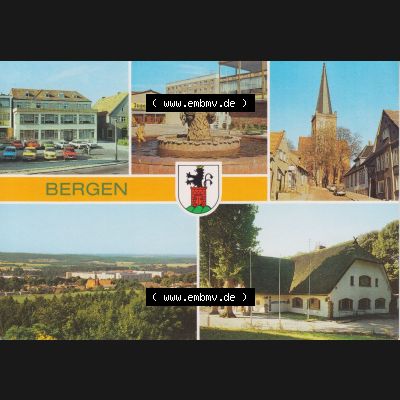 Ansichtskarte DDR Bezirk Rostock, Kreis Rügen, Stadt Bergen auf Rügen Bergen (Rügen) Ratskeller, Brunnen in der Südstadt, Kirche, Gaststätte... Sammlung
