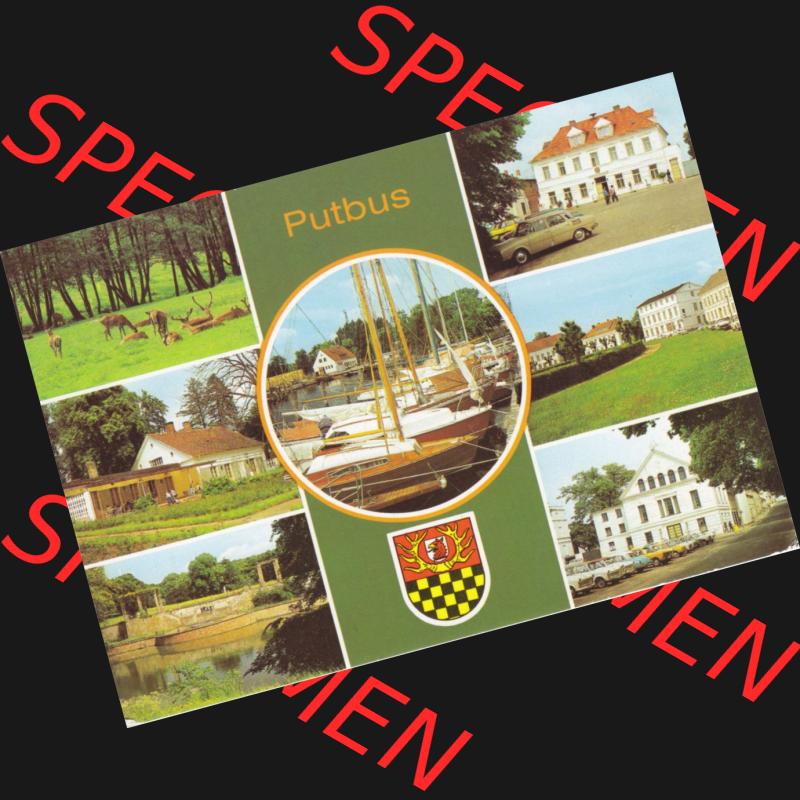 Ansichtskarte DDR Bezirk Rostock, Kreis Rügen, Stadt Putbus in Farbe Konsum-Gaststätte Rosencafé, Pergola am Schwanenteich, Lauterbach, Rathaus und Theater.... Sammlung