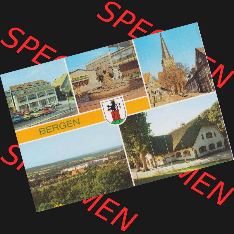 Ansichtskarte DDR Bezirk Rostock, Kreis Rügen, Stadt Bergen auf Rügen Bergen (Rügen) Ratskeller, Brunnen in der Südstadt, Kirche, Gaststätte... Sammlung
